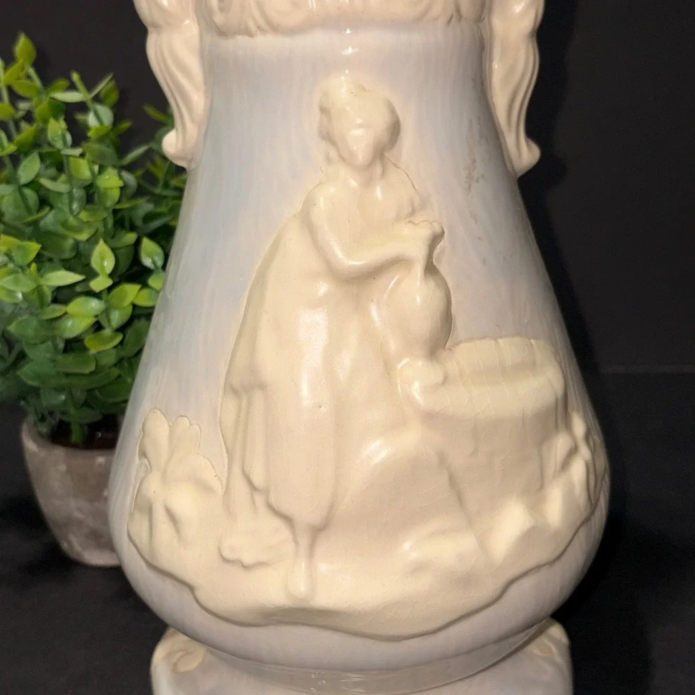 1987 Mary Ellen Ceramic Vase Woman at Well Relief Double Handle Cream 10
